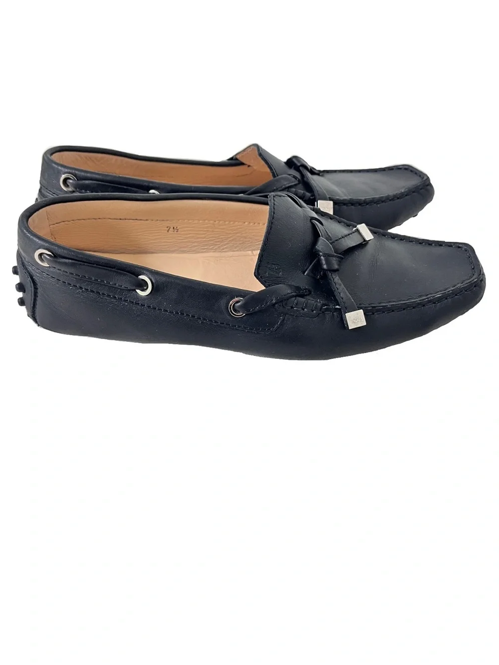 Tod’s Black Leather ‘Gommino’ Flat Bow Driving Flats, Size 7.5